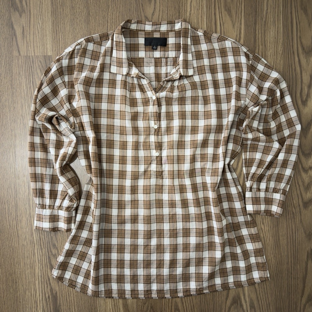 Nili Lotan Top Womens Large Brown Plaid Boho Cottagecore Breathable 100% Cotton - Picture 9 of 9